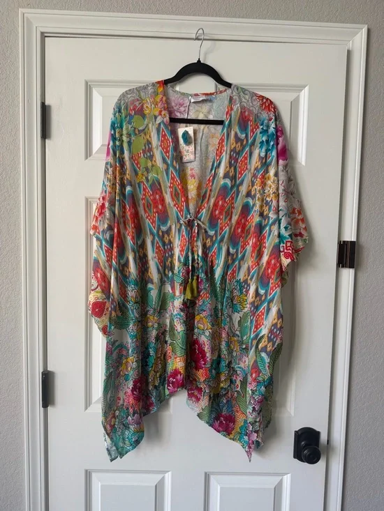 Johnny Was Pearce Short Kimono/Swim Coverup with front tasseled ties S/M - Picture 2 of 8